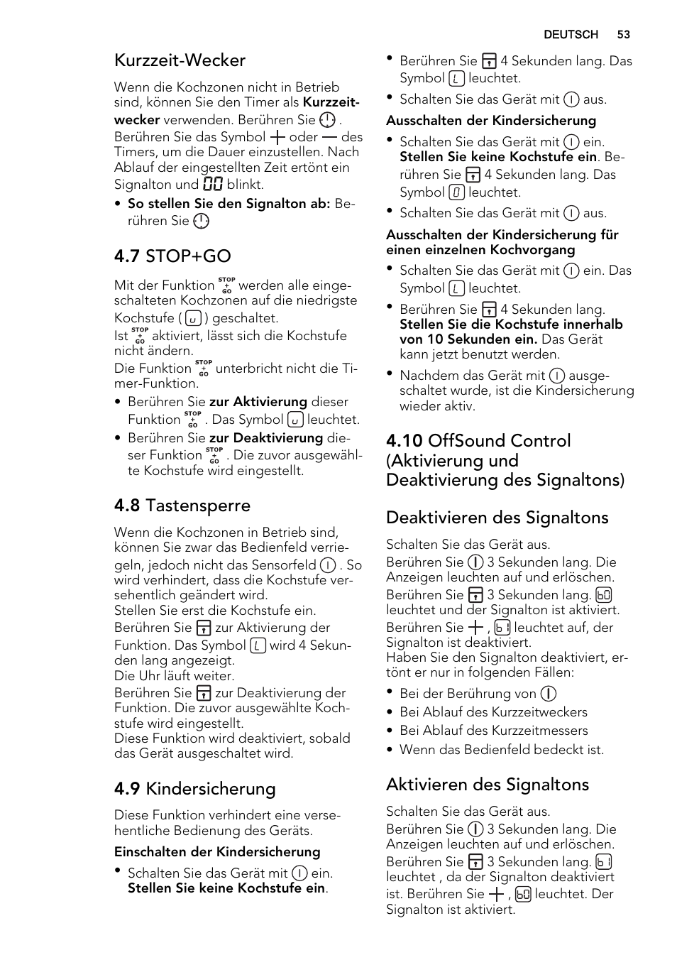Kurzzeit-wecker, 7 stop+go, 8 tastensperre | 9 kindersicherung, Aktivieren des signaltons | AEG HK955070XB User Manual | Page 53 / 60