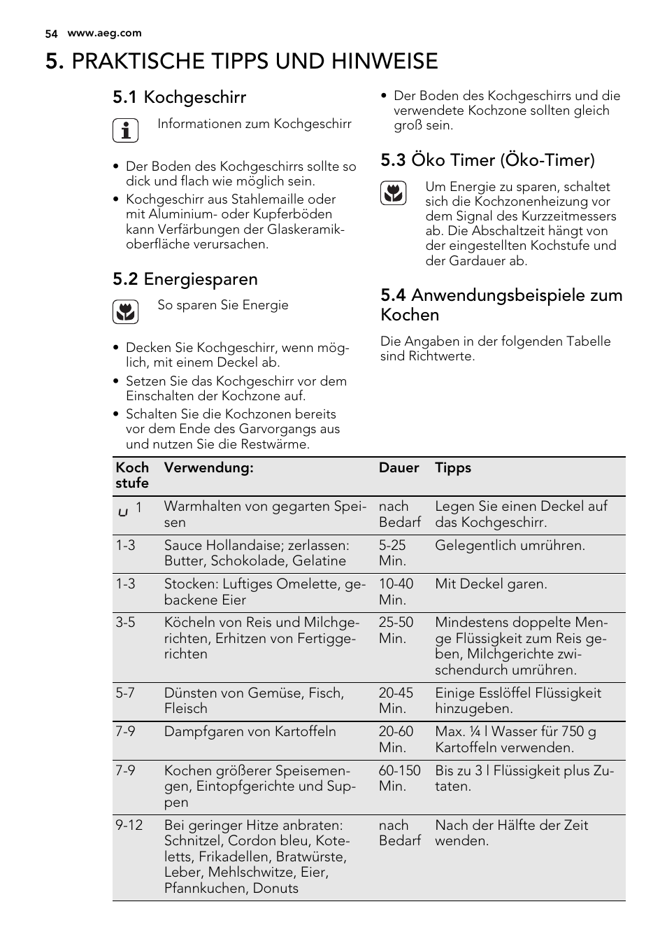 Praktische tipps und hinweise, 1 kochgeschirr, 2 energiesparen | 3 öko timer (öko-timer), 4 anwendungsbeispiele zum kochen | AEG HK955070XB User Manual | Page 54 / 60