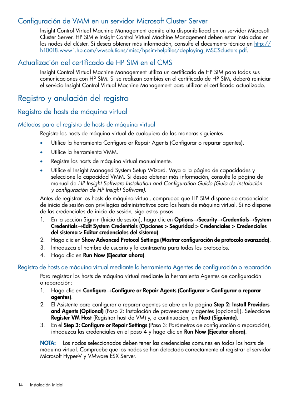 Actualización del certificado de hp sim en el cms, Registro y anulación del registro, Registro de hosts de máquina virtual | HP Software HP Insight Control para Linux User Manual | Page 14 / 64