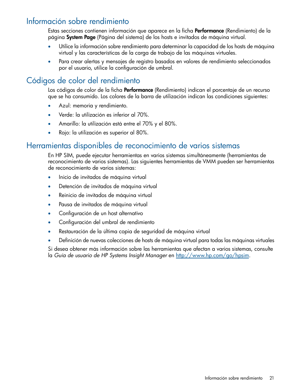 Información sobre rendimiento, Códigos de color del rendimiento | HP Software HP Insight Control para Linux User Manual | Page 21 / 64