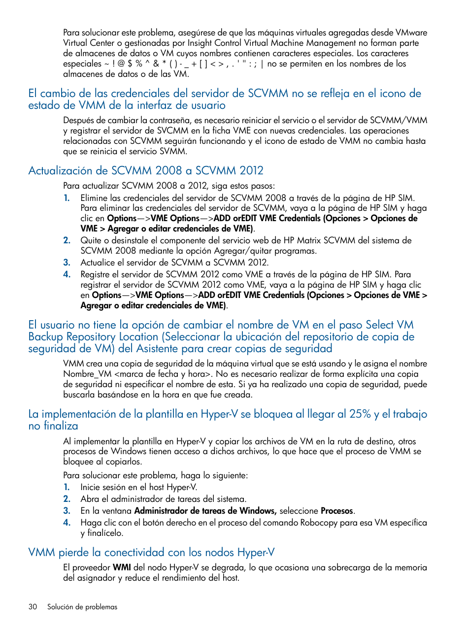 Actualización de scvmm 2008 a scvmm 2012, Vmm pierde la conectividad con los nodos hyper-v | HP Software HP Insight Control para Linux User Manual | Page 30 / 64