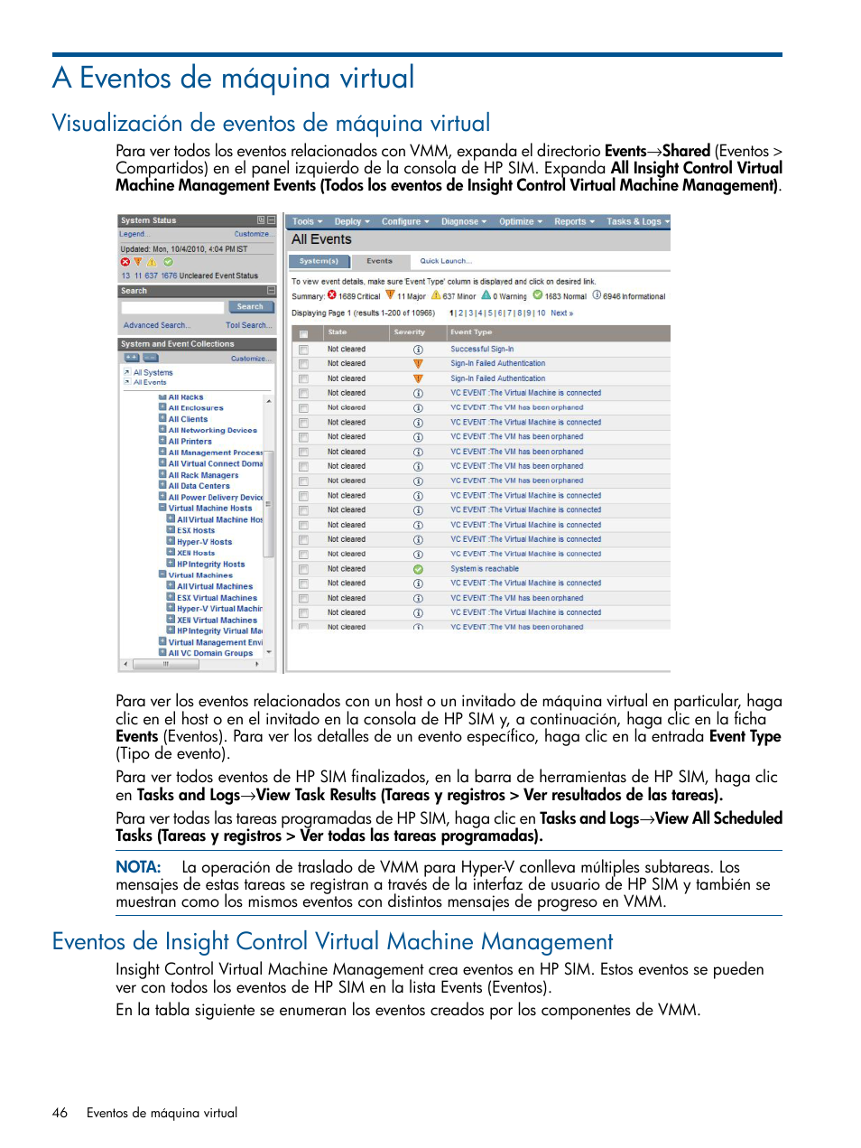 A eventos de máquina virtual, Visualización de eventos de máquina virtual | HP Software HP Insight Control para Linux User Manual | Page 46 / 64