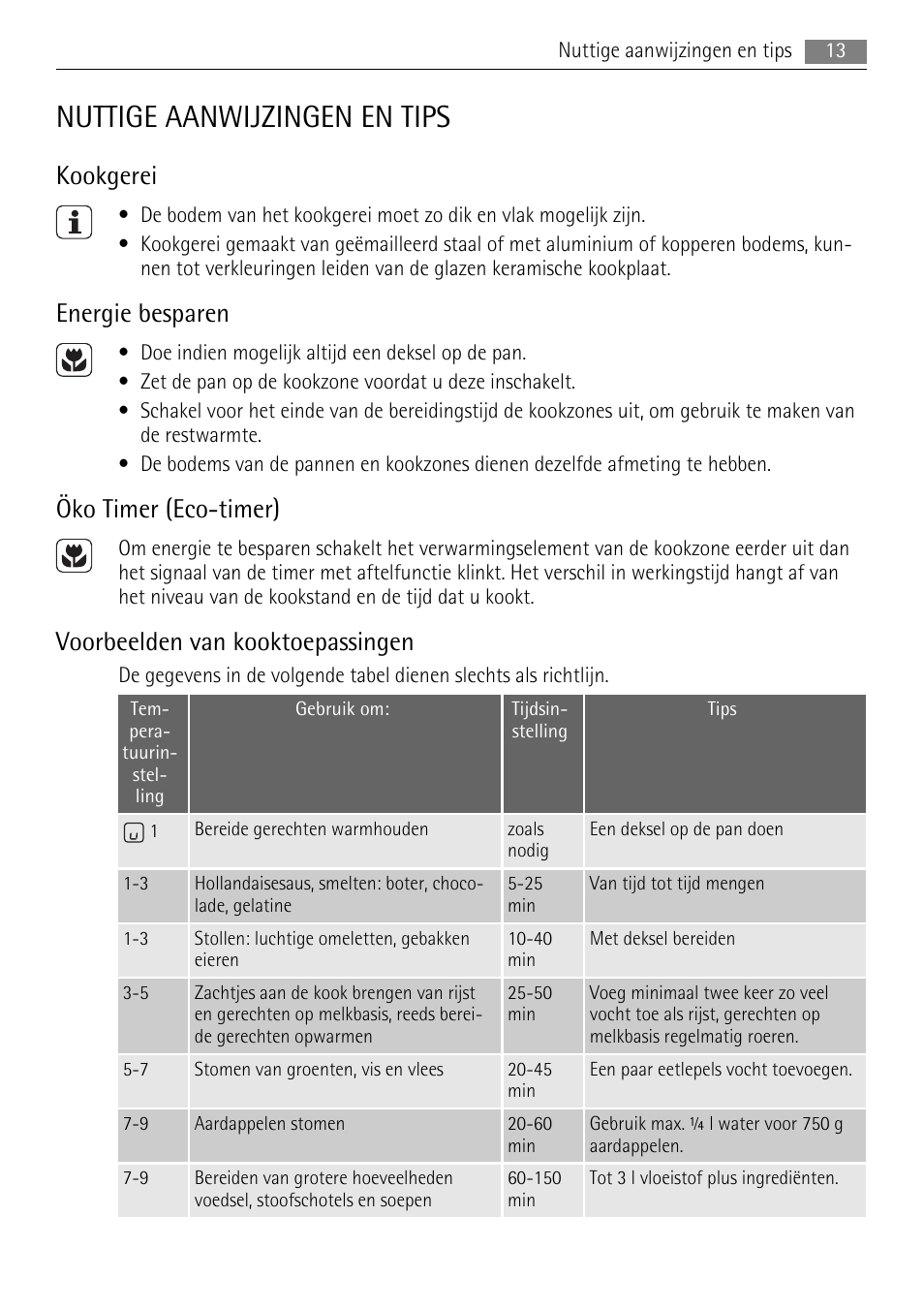 Nuttige aanwijzingen en tips, Kookgerei, Energie besparen | Öko timer (eco-timer), Voorbeelden van kooktoepassingen | AEG HK854080XB User Manual | Page 13 / 76
