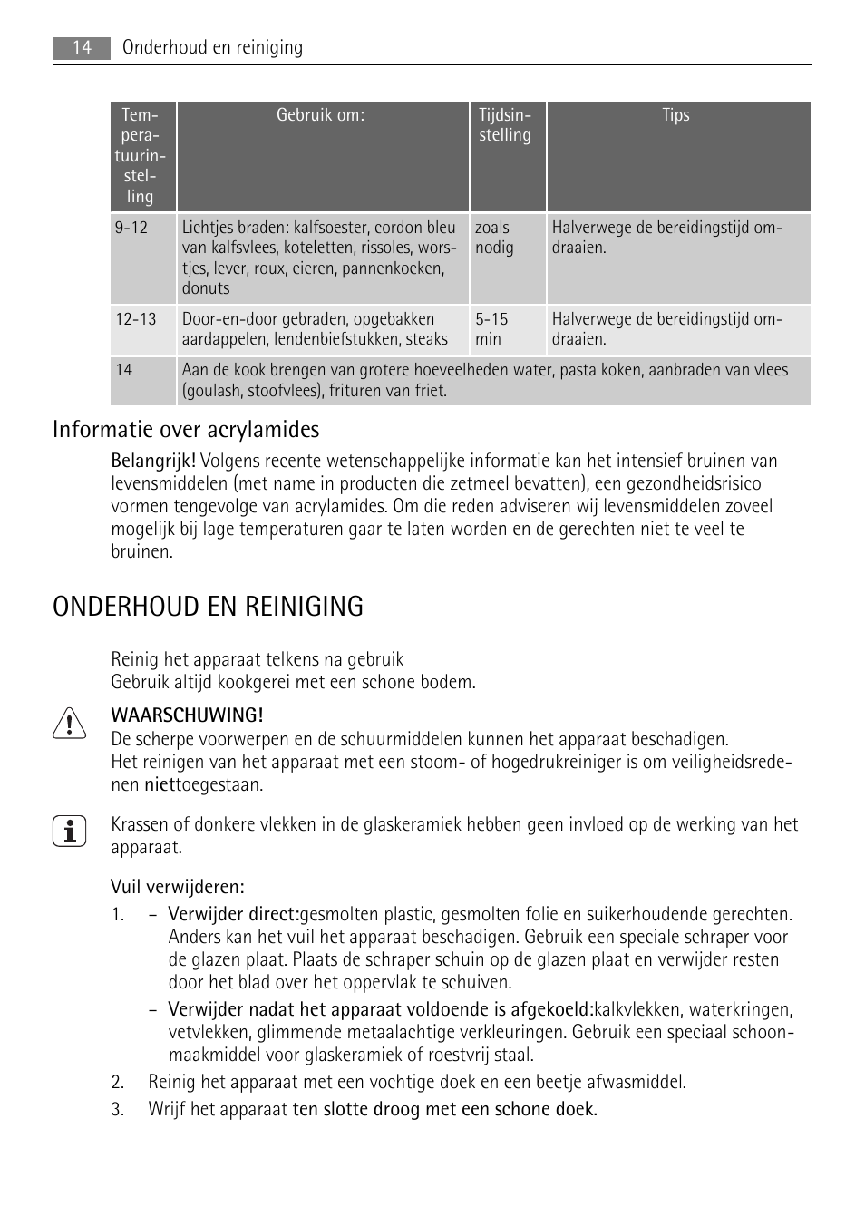Onderhoud en reiniging, Informatie over acrylamides | AEG HK854080XB User Manual | Page 14 / 76
