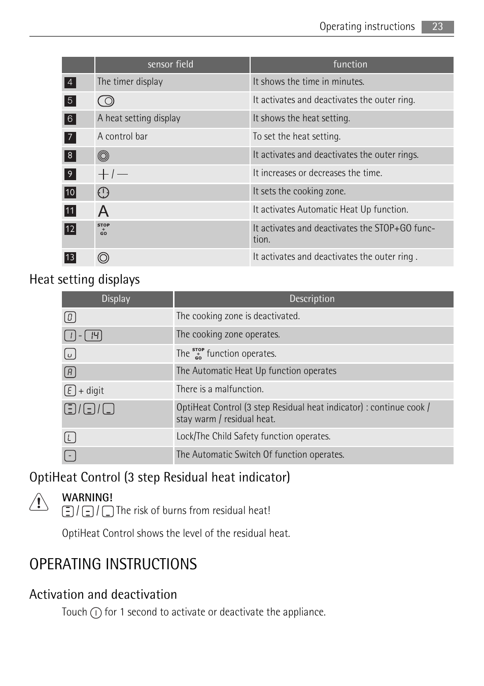 Operating instructions, Heat setting displays, Optiheat control (3 step residual heat indicator) | Activation and deactivation | AEG HK854080XB User Manual | Page 23 / 76