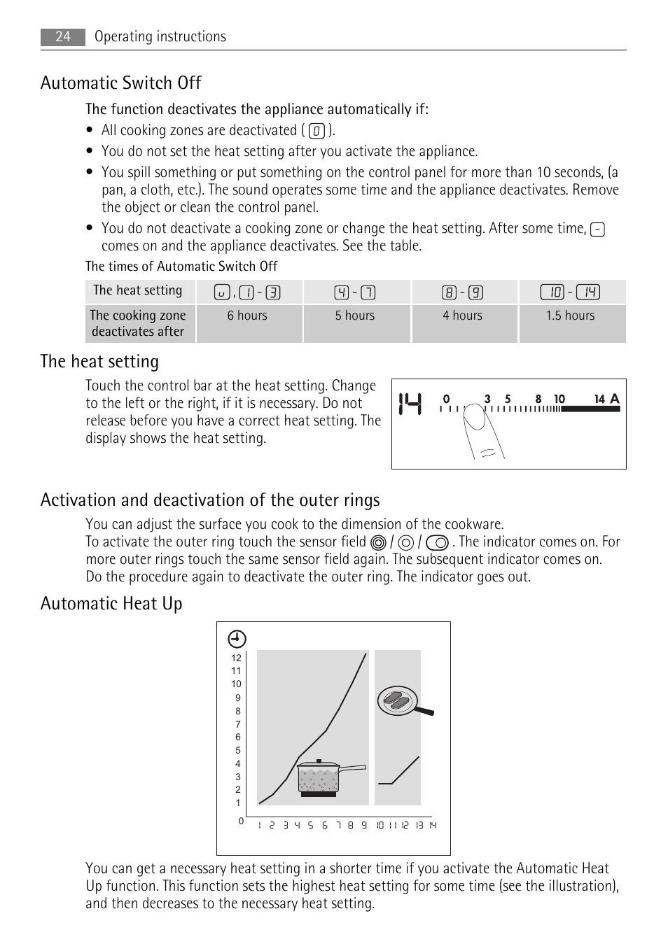 Automatic switch off, The heat setting, Activation and deactivation of the outer rings | Automatic heat up | AEG HK854080XB User Manual | Page 24 / 76