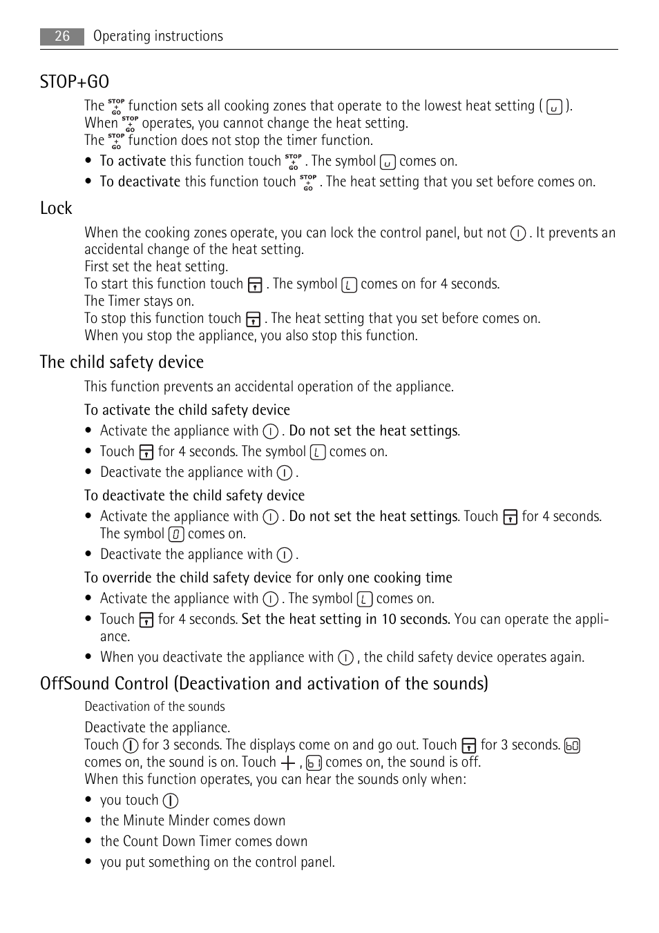 Stop+go, Lock, The child safety device | AEG HK854080XB User Manual | Page 26 / 76