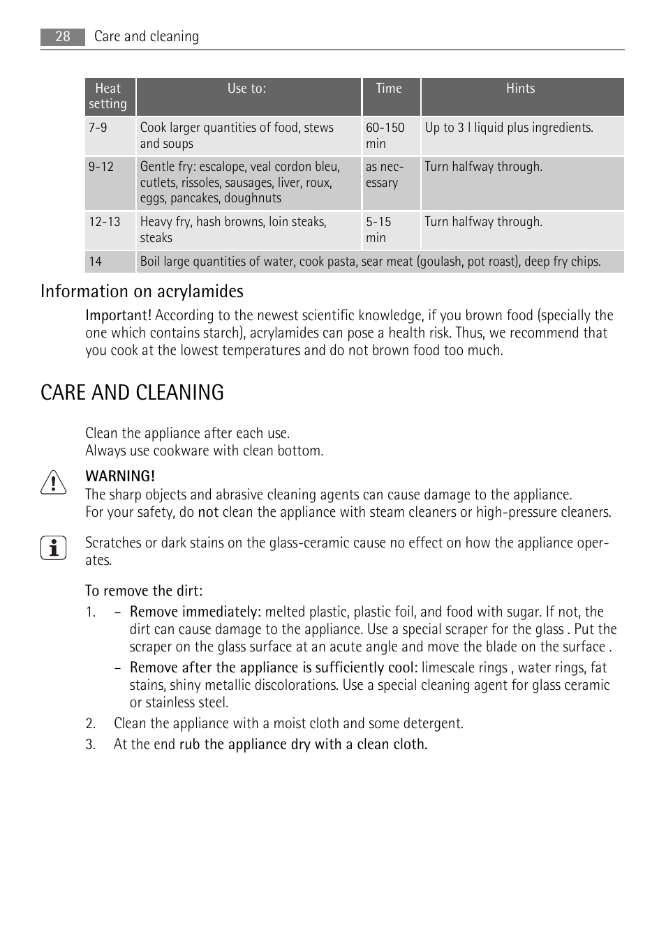 Care and cleaning, Information on acrylamides | AEG HK854080XB User Manual | Page 28 / 76