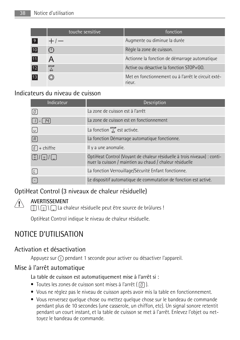 Notice d'utilisation, Indicateurs du niveau de cuisson, Optiheat control (3 niveaux de chaleur résiduelle) | Activation et désactivation, Mise à l'arrêt automatique | AEG HK854080XB User Manual | Page 38 / 76