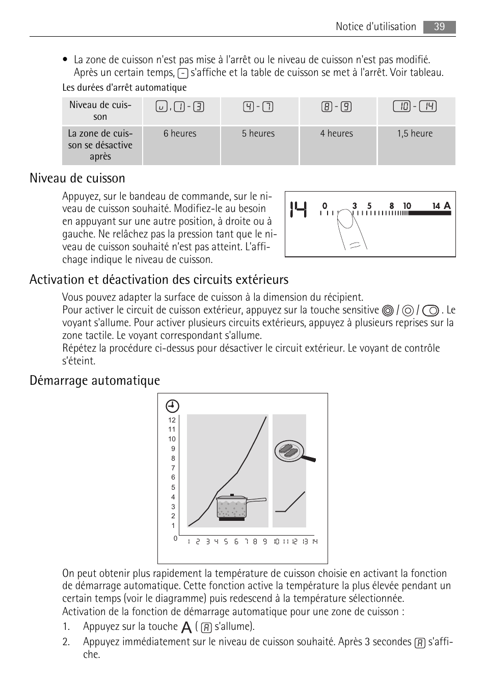 Niveau de cuisson, Activation et déactivation des circuits extérieurs, Démarrage automatique | AEG HK854080XB User Manual | Page 39 / 76