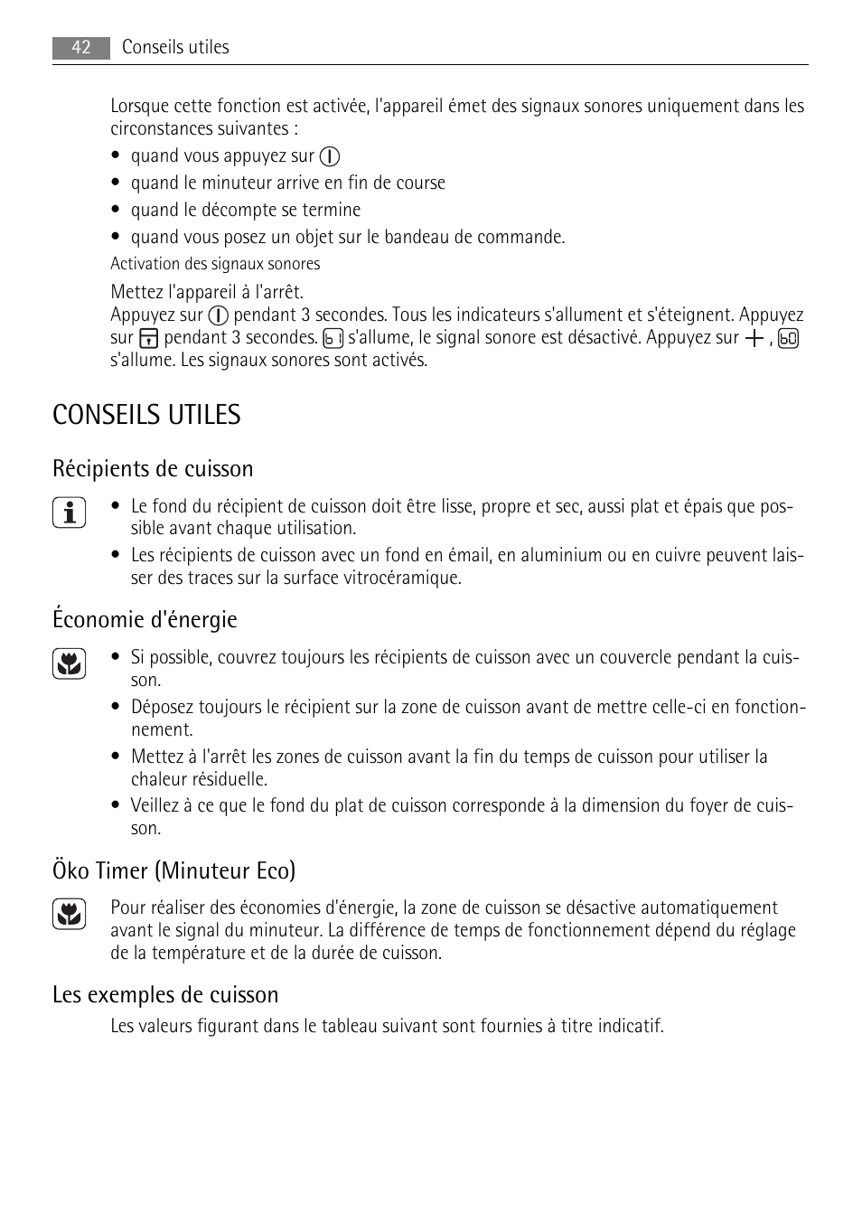 Conseils utiles, Récipients de cuisson, Économie d'énergie | Öko timer (minuteur eco), Les exemples de cuisson | AEG HK854080XB User Manual | Page 42 / 76