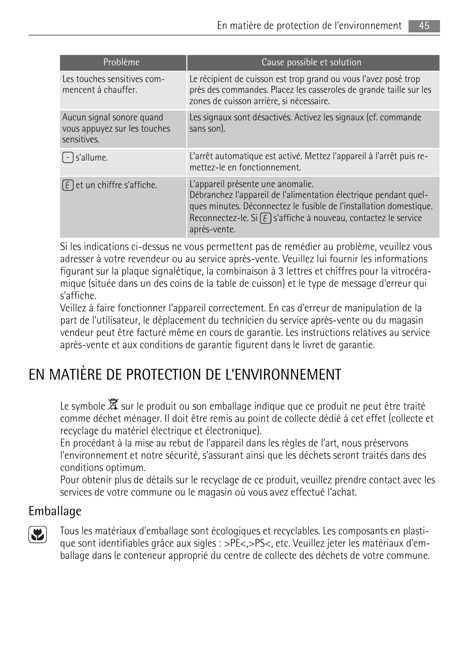 En matière de protection de l'environnement, Emballage | AEG HK854080XB User Manual | Page 45 / 76