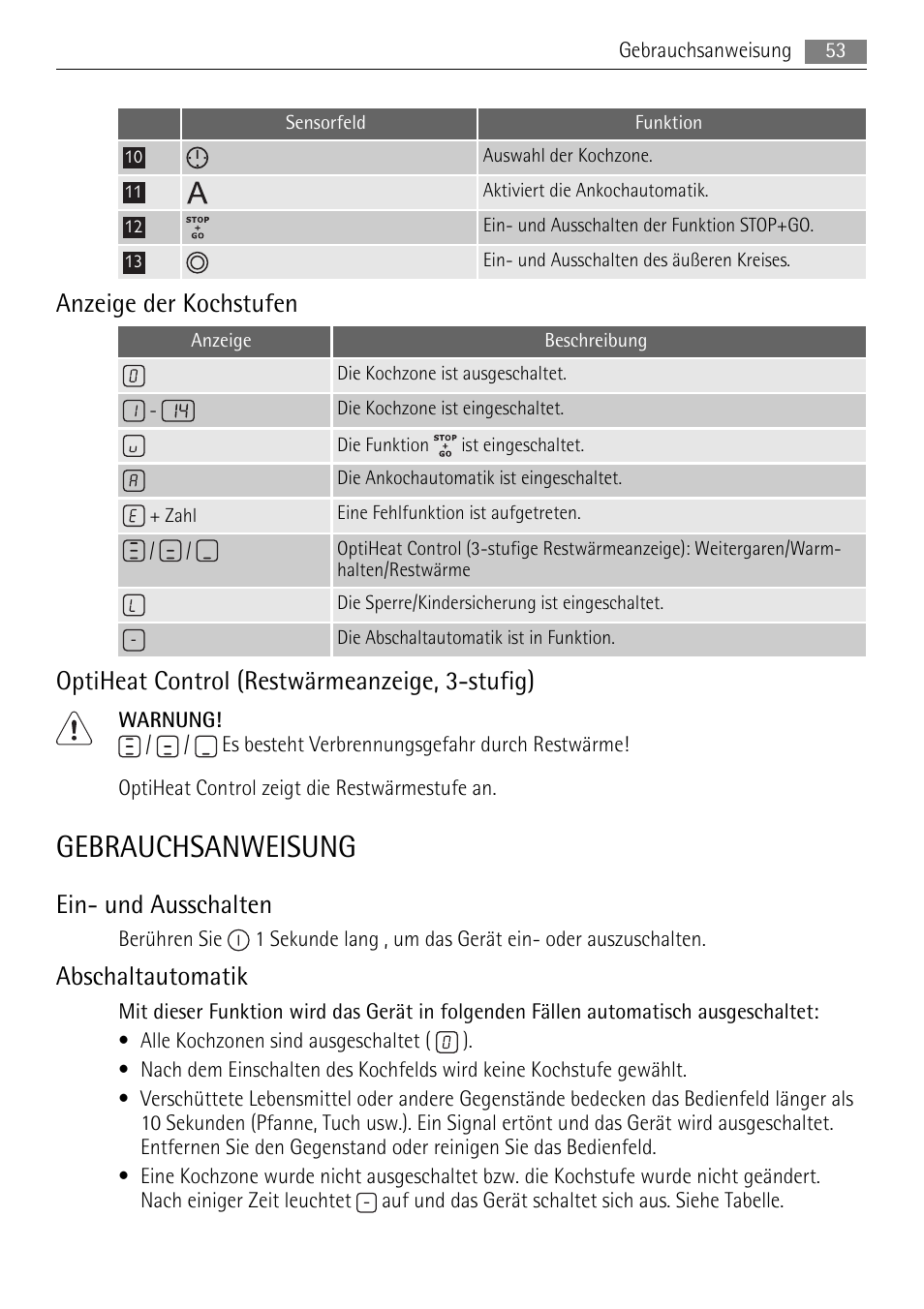 Gebrauchsanweisung, Anzeige der kochstufen, Optiheat control (restwärmeanzeige, 3-stufig) | Ein- und ausschalten, Abschaltautomatik | AEG HK854080XB User Manual | Page 53 / 76