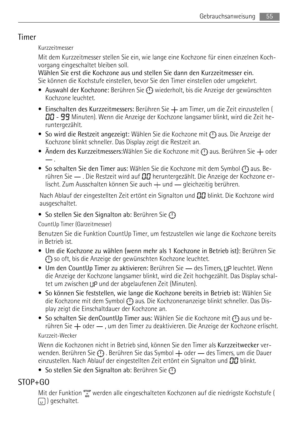 Timer, Stop+go | AEG HK854080XB User Manual | Page 55 / 76