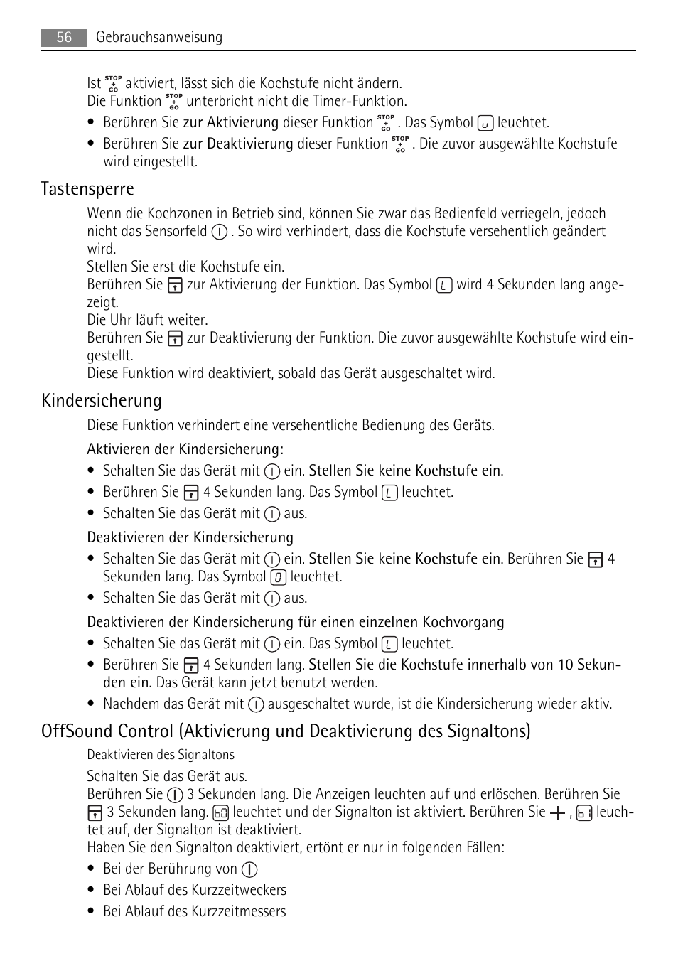 Tastensperre, Kindersicherung | AEG HK854080XB User Manual | Page 56 / 76