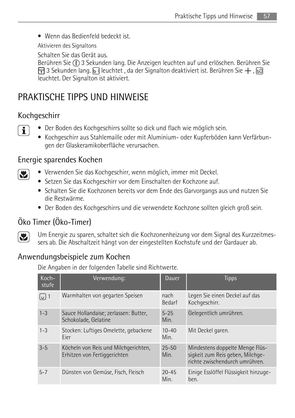Praktische tipps und hinweise, Kochgeschirr, Energie sparendes kochen | Öko timer (öko-timer), Anwendungsbeispiele zum kochen | AEG HK854080XB User Manual | Page 57 / 76