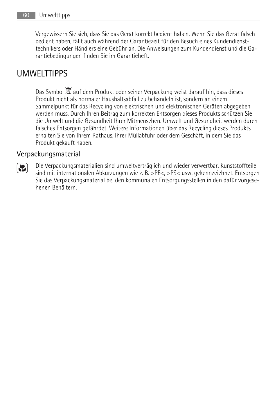 Umwelttipps, Verpackungsmaterial | AEG HK854080XB User Manual | Page 60 / 76