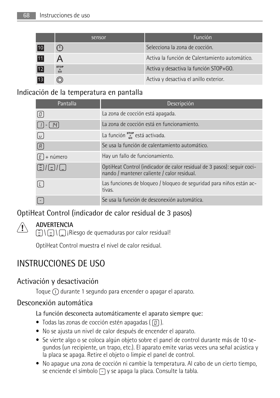 Instrucciones de uso, Indicación de la temperatura en pantalla, Activación y desactivación | Desconexión automática | AEG HK854080XB User Manual | Page 68 / 76