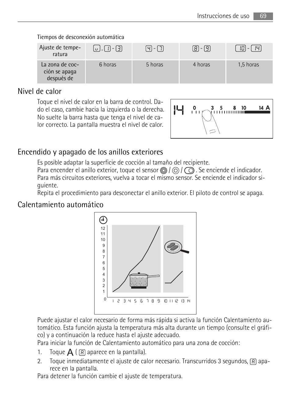Nivel de calor, Encendido y apagado de los anillos exteriores, Calentamiento automático | AEG HK854080XB User Manual | Page 69 / 76