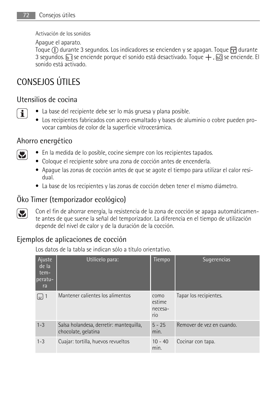 Consejos útiles, Utensilios de cocina, Ahorro energético | Öko timer (temporizador ecológico), Ejemplos de aplicaciones de cocción | AEG HK854080XB User Manual | Page 72 / 76