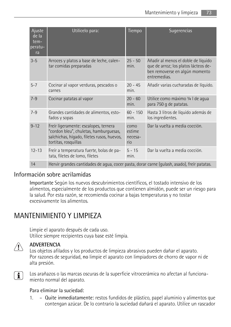 Mantenimiento y limpieza, Información sobre acrilamidas | AEG HK854080XB User Manual | Page 73 / 76