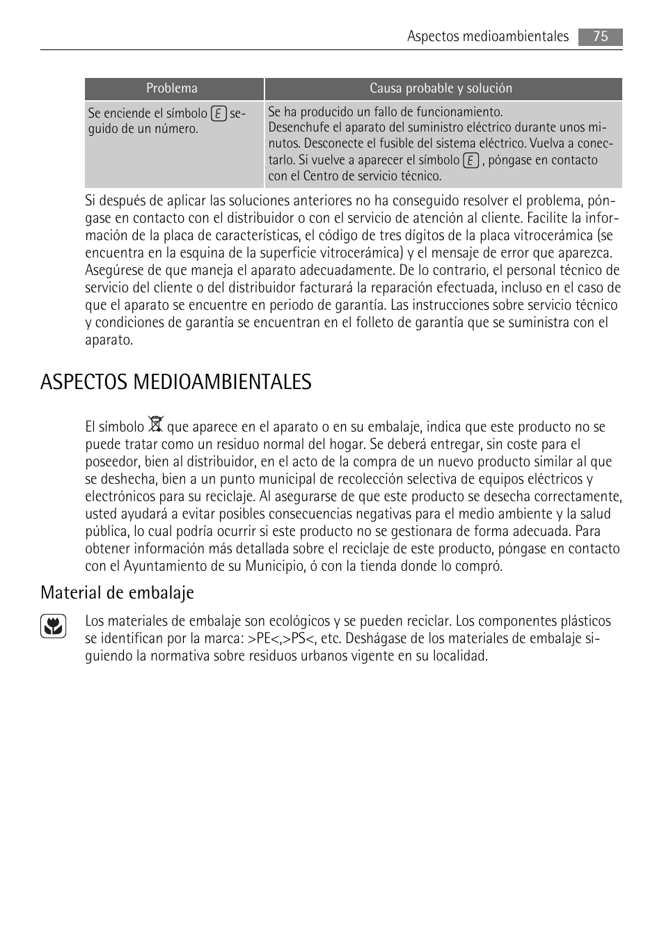 Aspectos medioambientales, Material de embalaje | AEG HK854080XB User Manual | Page 75 / 76
