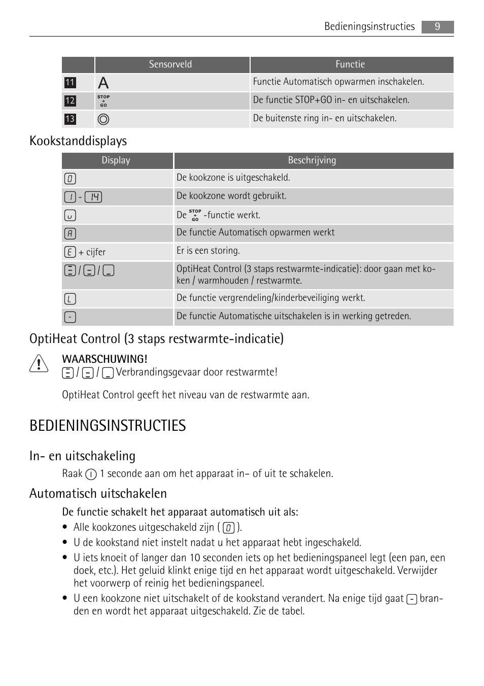 Bedieningsinstructies, Kookstanddisplays, Optiheat control (3 staps restwarmte-indicatie) | In- en uitschakeling, Automatisch uitschakelen | AEG HK854080XB User Manual | Page 9 / 76