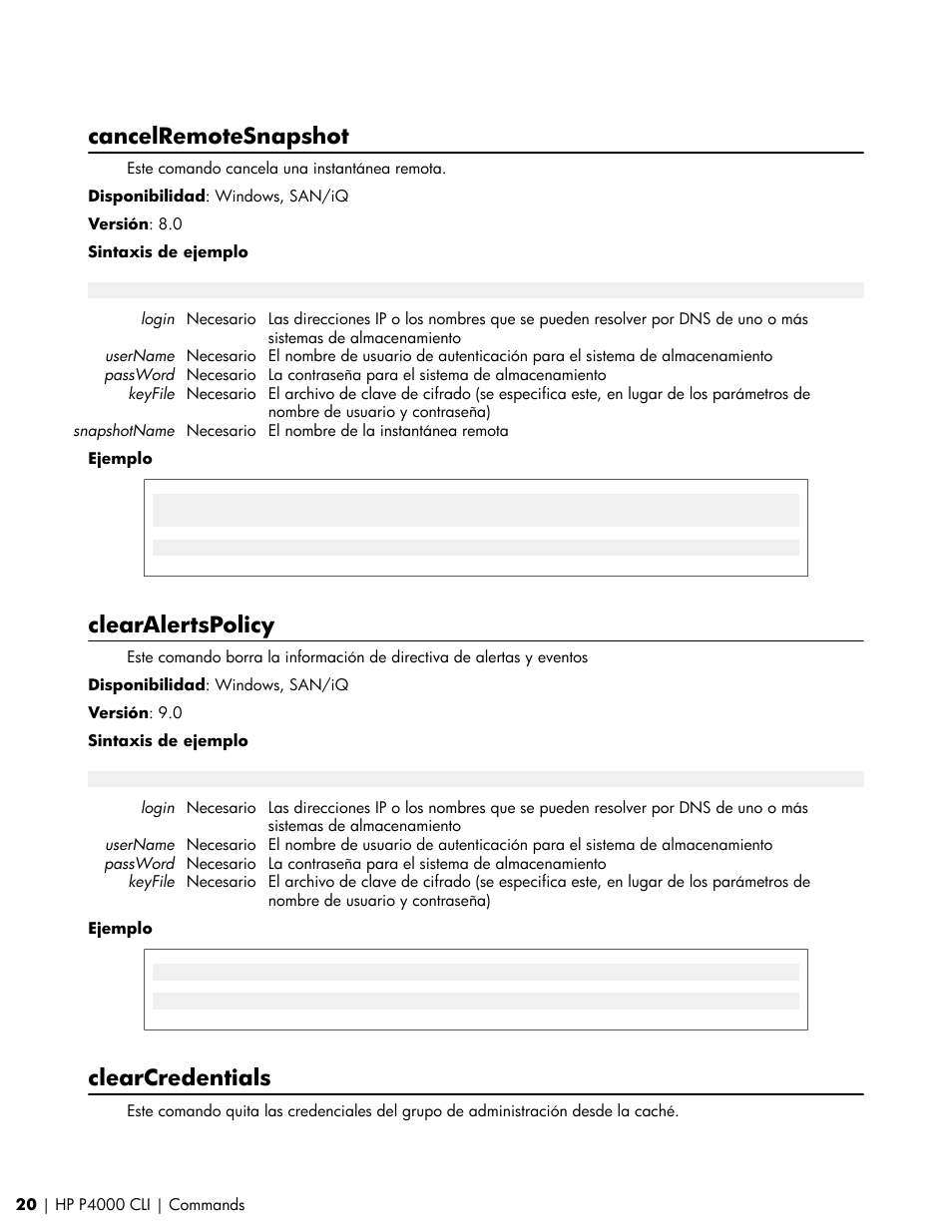 Cancelremotesnapshot, Clearalertspolicy, Clearcredentials | HP Software de dispositivo HP LeftHand P4000 Virtual SAN User Manual | Page 20 / 85