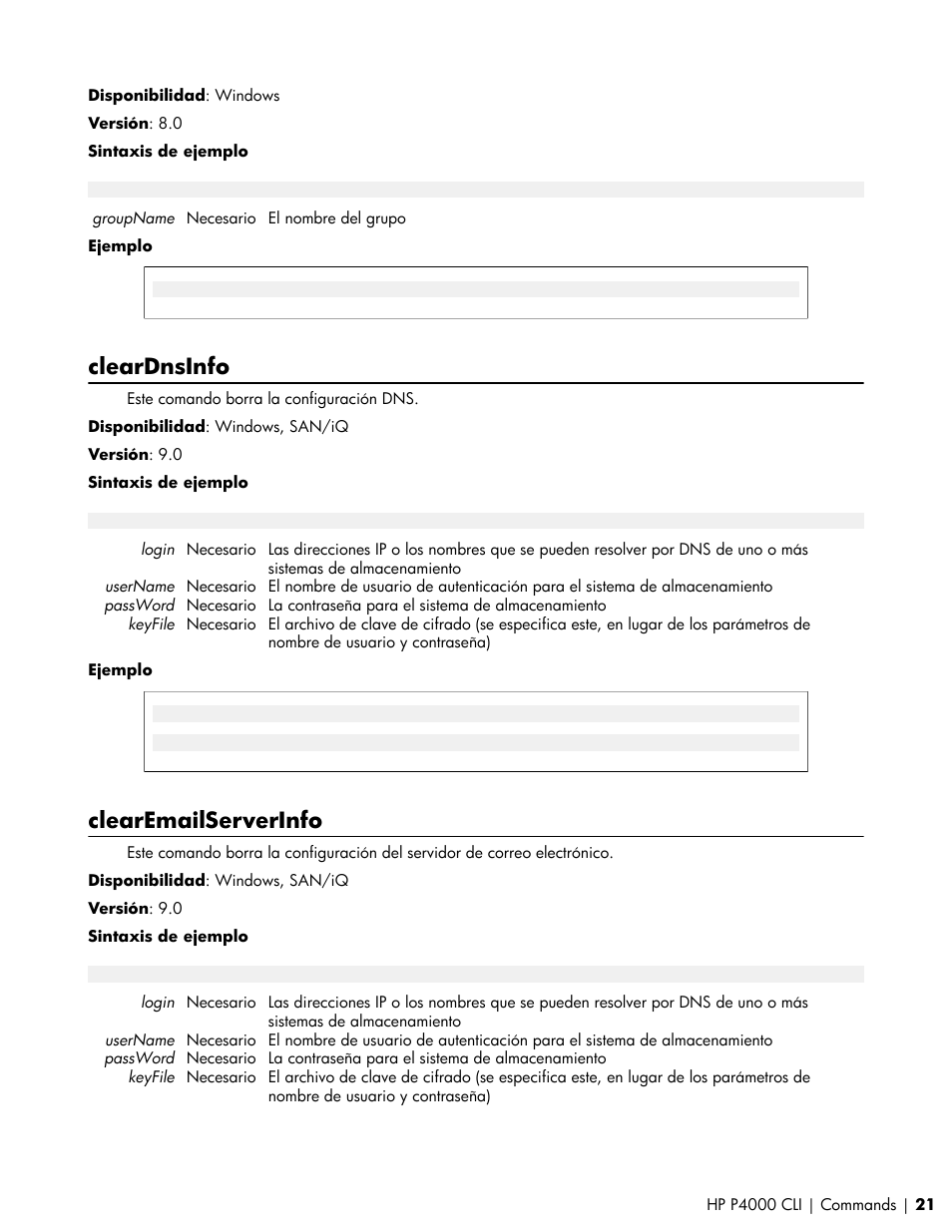 Cleardnsinfo, Clearemailserverinfo | HP Software de dispositivo HP LeftHand P4000 Virtual SAN User Manual | Page 21 / 85