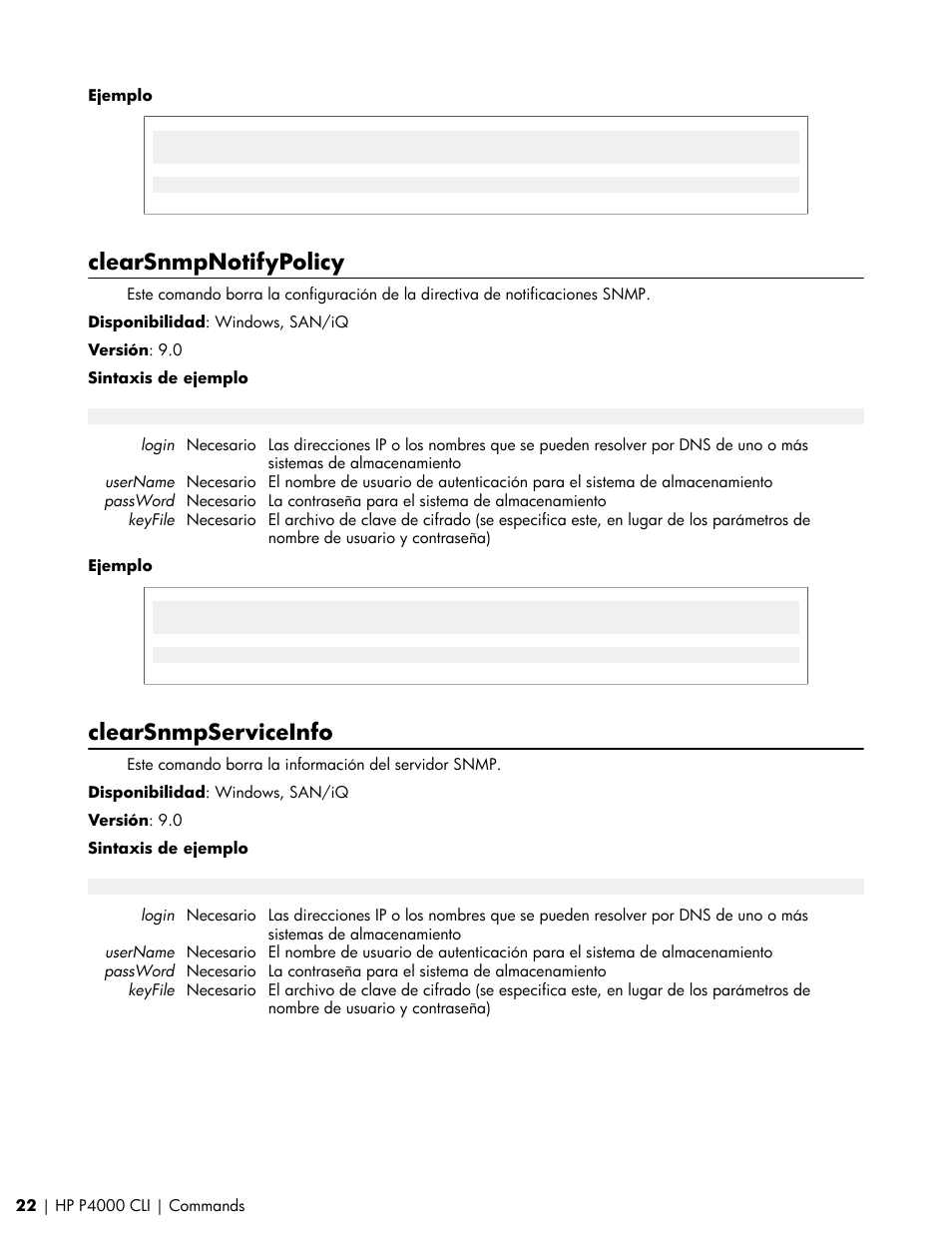 Clearsnmpnotifypolicy, Clearsnmpserviceinfo | HP Software de dispositivo HP LeftHand P4000 Virtual SAN User Manual | Page 22 / 85