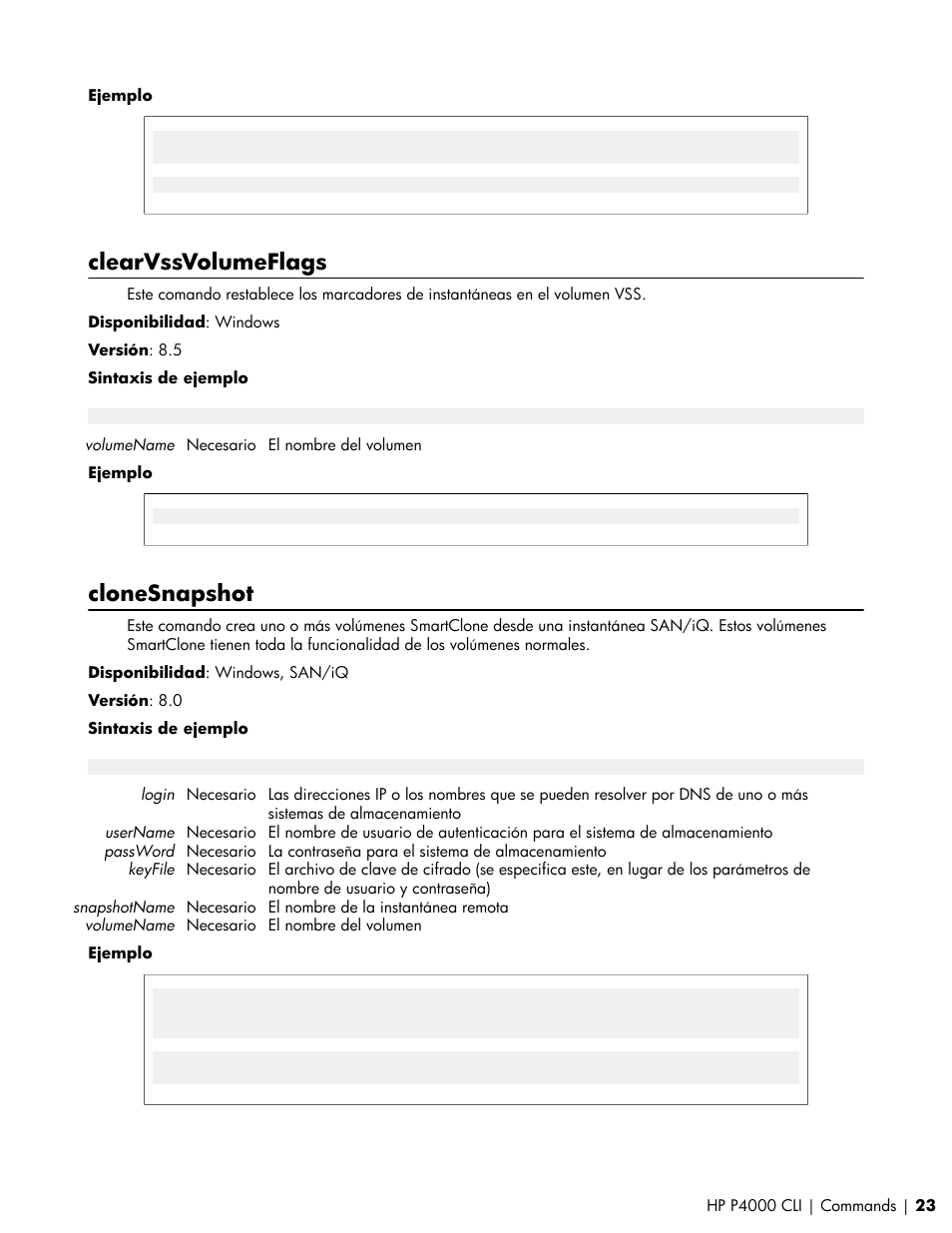 Clearvssvolumeflags, Clonesnapshot | HP Software de dispositivo HP LeftHand P4000 Virtual SAN User Manual | Page 23 / 85