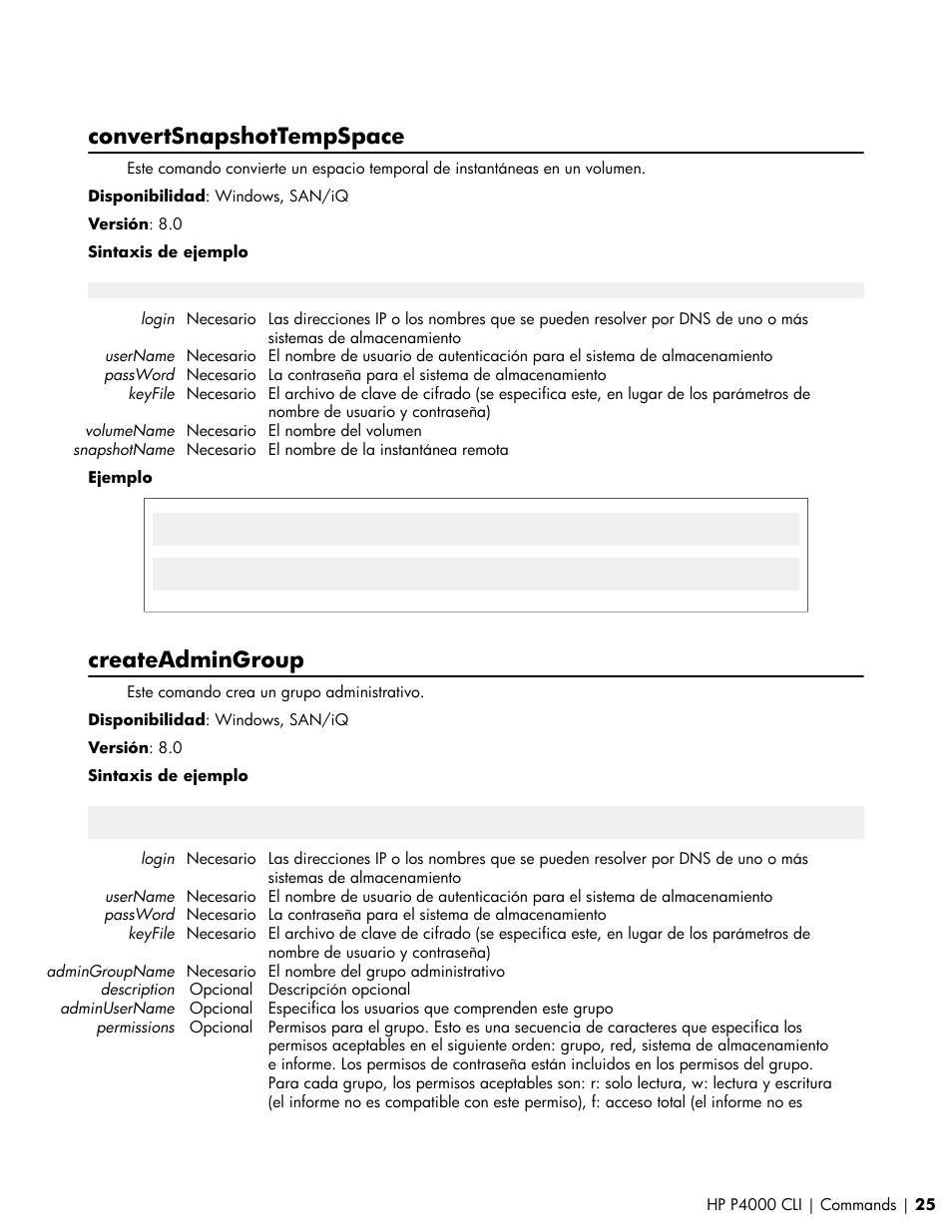 Convertsnapshottempspace, Createadmingroup | HP Software de dispositivo HP LeftHand P4000 Virtual SAN User Manual | Page 25 / 85