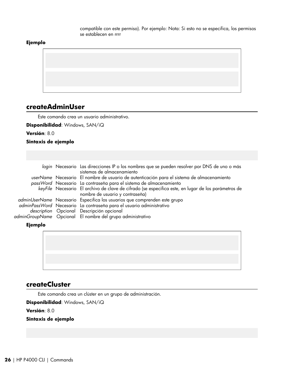 Createadminuser, Createcluster | HP Software de dispositivo HP LeftHand P4000 Virtual SAN User Manual | Page 26 / 85