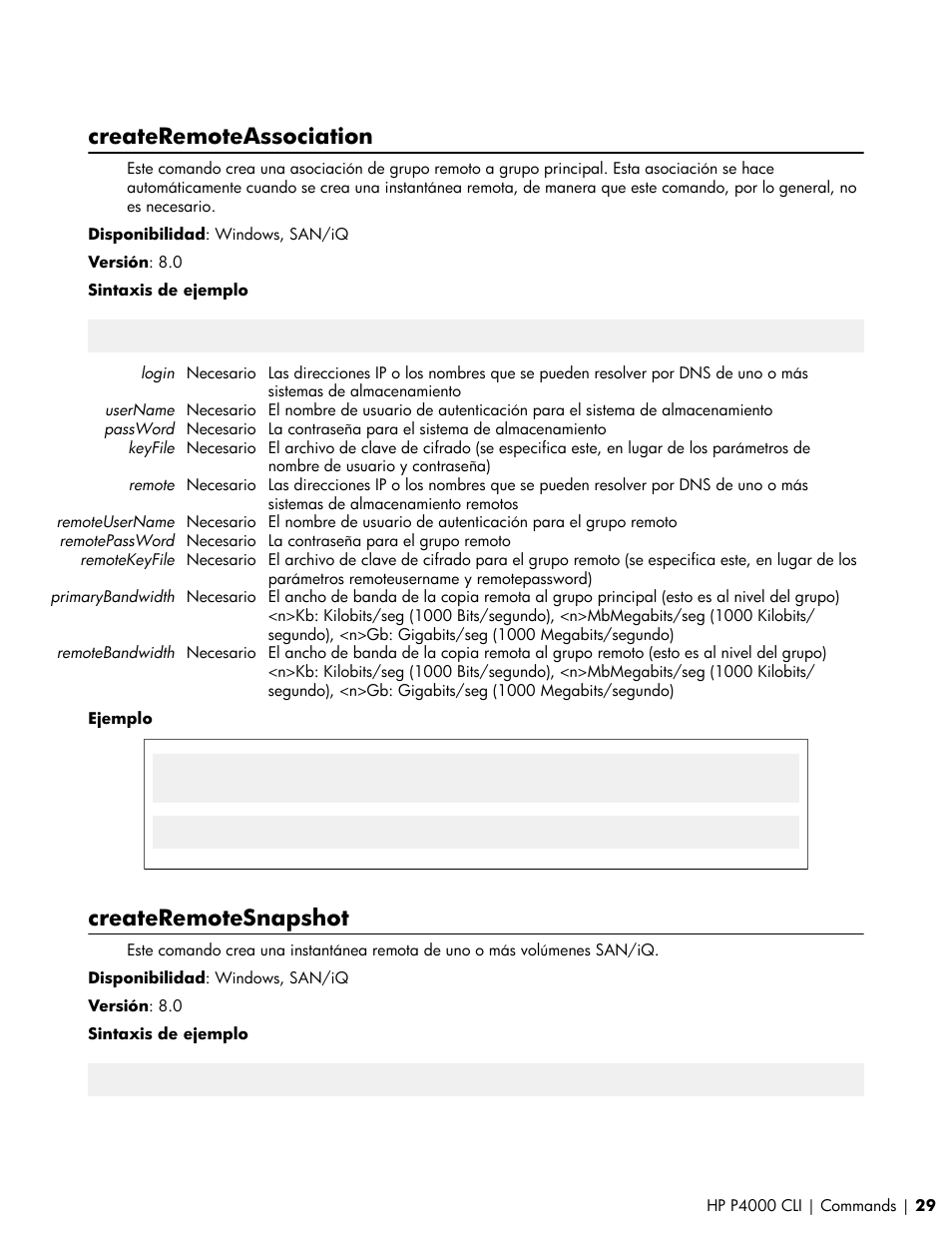 Createremoteassociation, Createremotesnapshot | HP Software de dispositivo HP LeftHand P4000 Virtual SAN User Manual | Page 29 / 85