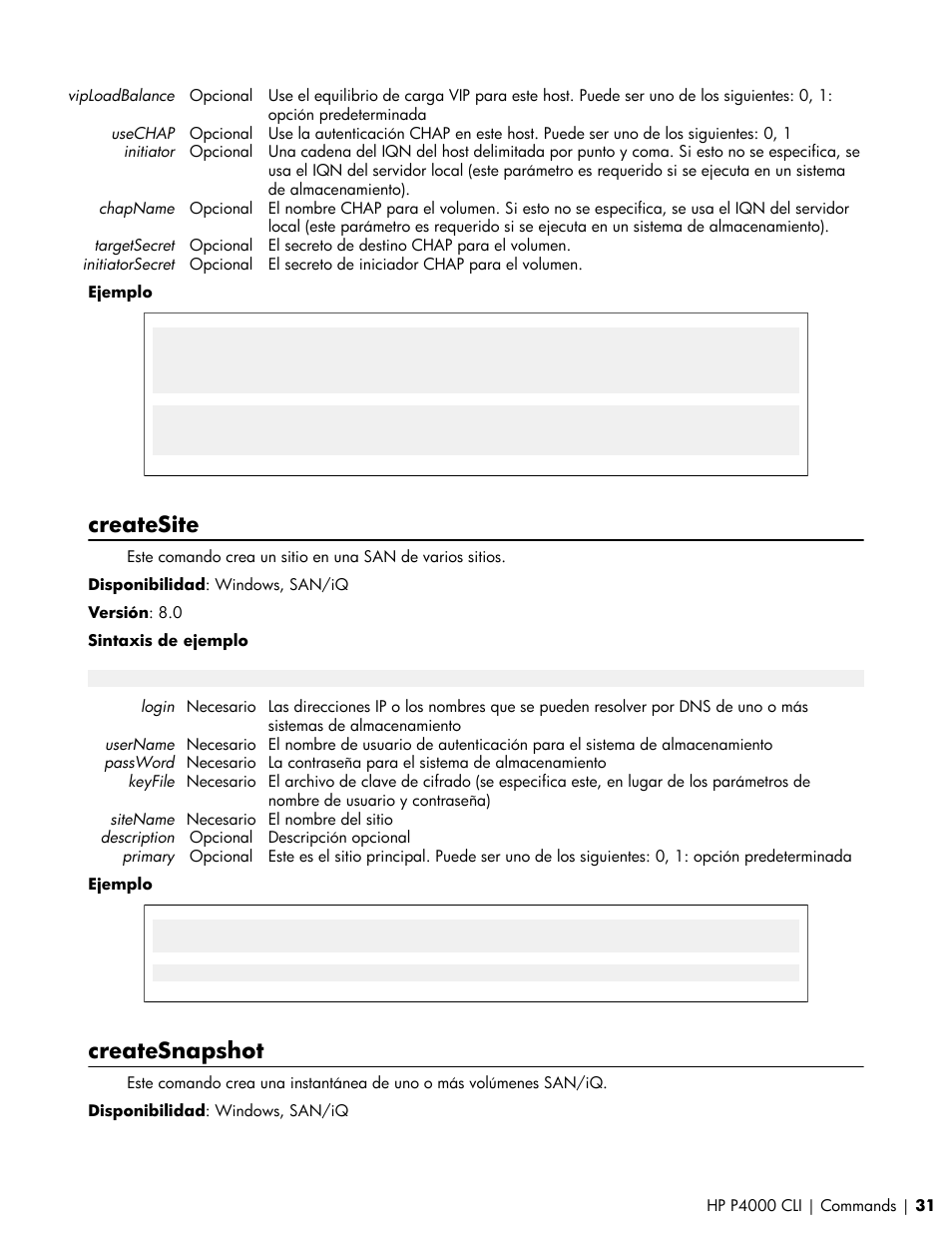 Createsite, Createsnapshot | HP Software de dispositivo HP LeftHand P4000 Virtual SAN User Manual | Page 31 / 85