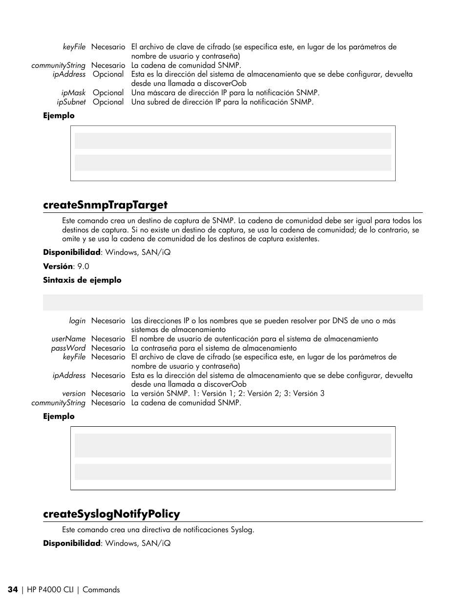 Createsnmptraptarget, Createsyslognotifypolicy | HP Software de dispositivo HP LeftHand P4000 Virtual SAN User Manual | Page 34 / 85