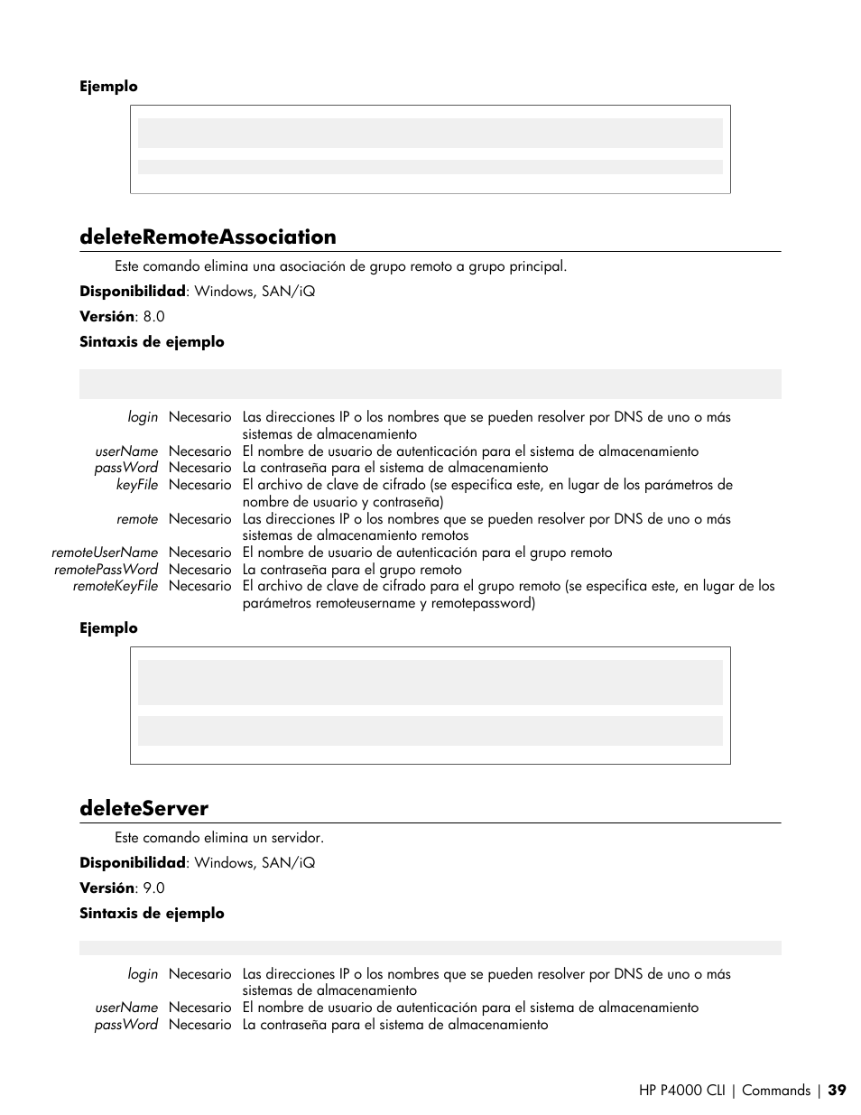 Deleteremoteassociation, Deleteserver | HP Software de dispositivo HP LeftHand P4000 Virtual SAN User Manual | Page 39 / 85