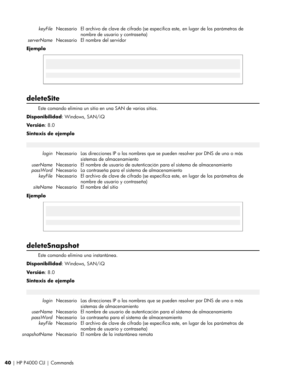 Deletesite, Deletesnapshot | HP Software de dispositivo HP LeftHand P4000 Virtual SAN User Manual | Page 40 / 85