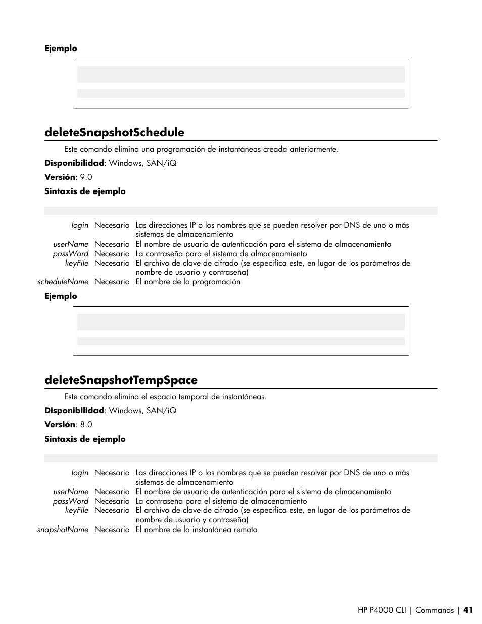 Deletesnapshotschedule, Deletesnapshottempspace | HP Software de dispositivo HP LeftHand P4000 Virtual SAN User Manual | Page 41 / 85