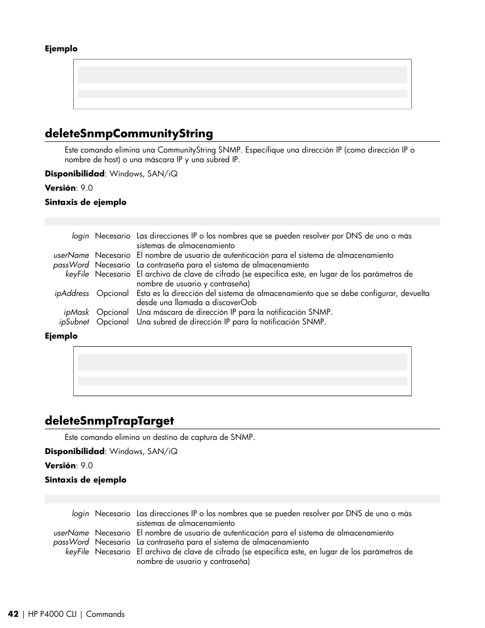 Deletesnmpcommunitystring, Deletesnmptraptarget | HP Software de dispositivo HP LeftHand P4000 Virtual SAN User Manual | Page 42 / 85