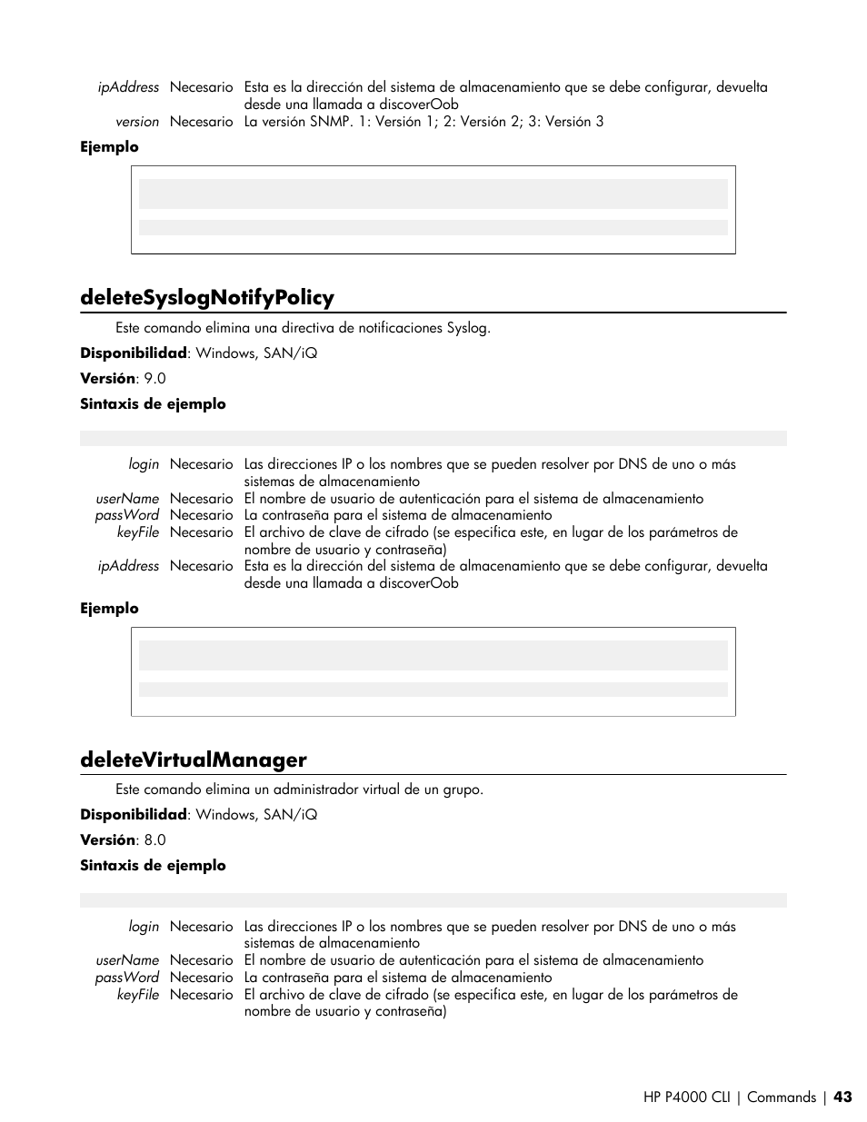 Deletesyslognotifypolicy, Deletevirtualmanager | HP Software de dispositivo HP LeftHand P4000 Virtual SAN User Manual | Page 43 / 85