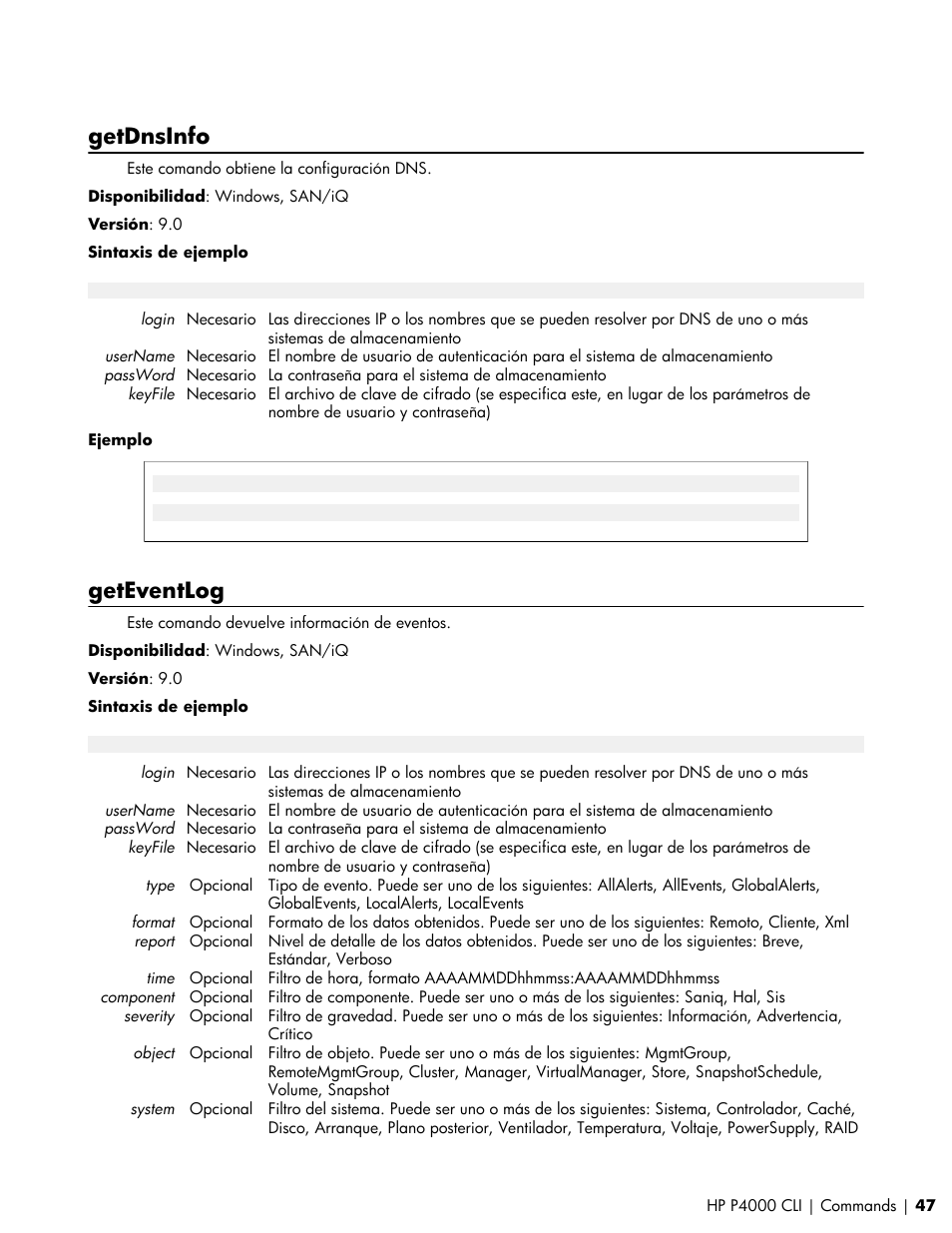 Getdnsinfo, Geteventlog | HP Software de dispositivo HP LeftHand P4000 Virtual SAN User Manual | Page 47 / 85