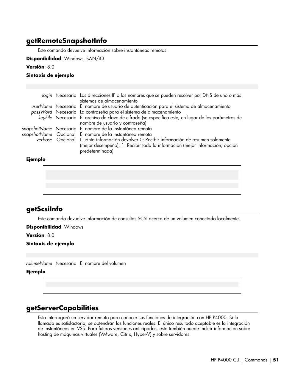 Getremotesnapshotinfo, Getscsiinfo, Getservercapabilities | HP Software de dispositivo HP LeftHand P4000 Virtual SAN User Manual | Page 51 / 85