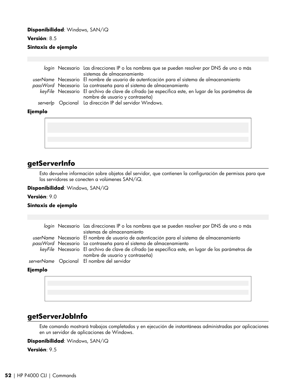 Getserverinfo, Getserverjobinfo | HP Software de dispositivo HP LeftHand P4000 Virtual SAN User Manual | Page 52 / 85