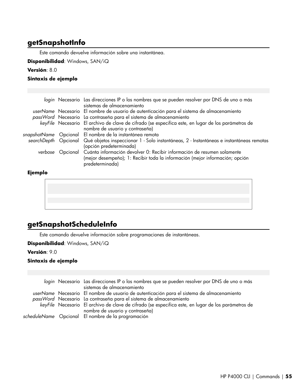 Getsnapshotinfo, Getsnapshotscheduleinfo | HP Software de dispositivo HP LeftHand P4000 Virtual SAN User Manual | Page 55 / 85