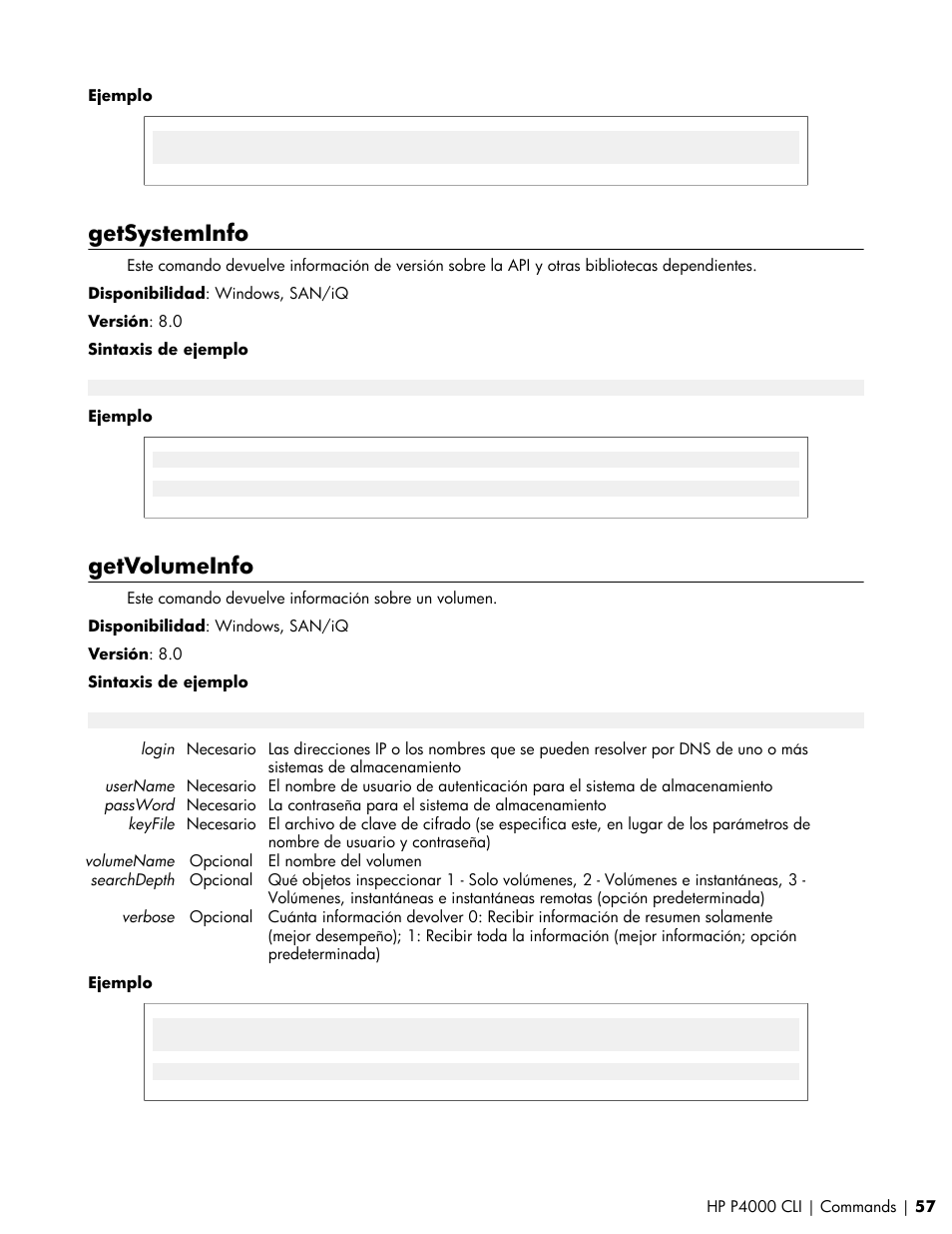 Getsysteminfo, Getvolumeinfo | HP Software de dispositivo HP LeftHand P4000 Virtual SAN User Manual | Page 57 / 85