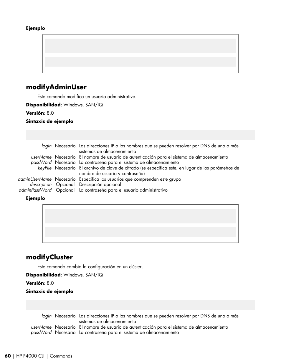 Modifyadminuser, Modifycluster | HP Software de dispositivo HP LeftHand P4000 Virtual SAN User Manual | Page 60 / 85