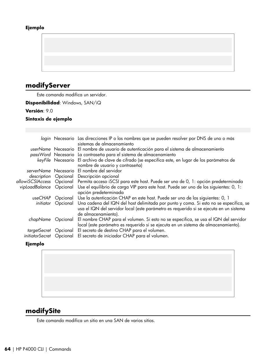 Modifyserver, Modifysite | HP Software de dispositivo HP LeftHand P4000 Virtual SAN User Manual | Page 64 / 85