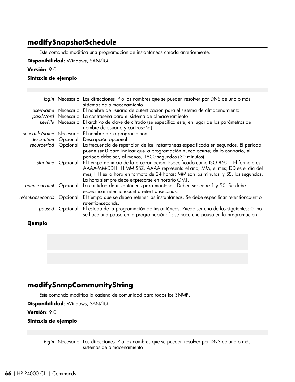 Modifysnapshotschedule, Modifysnmpcommunitystring | HP Software de dispositivo HP LeftHand P4000 Virtual SAN User Manual | Page 66 / 85