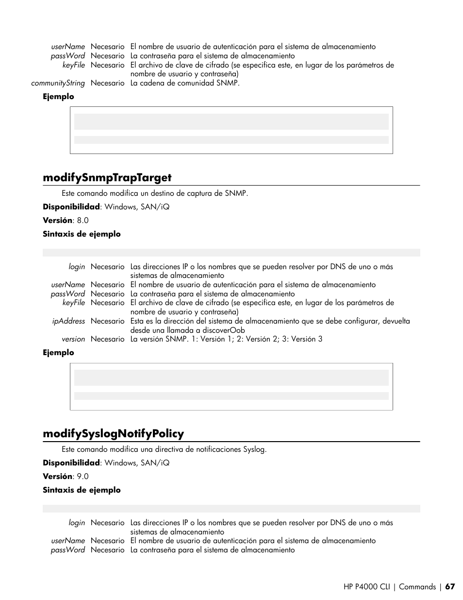 Modifysnmptraptarget, Modifysyslognotifypolicy | HP Software de dispositivo HP LeftHand P4000 Virtual SAN User Manual | Page 67 / 85